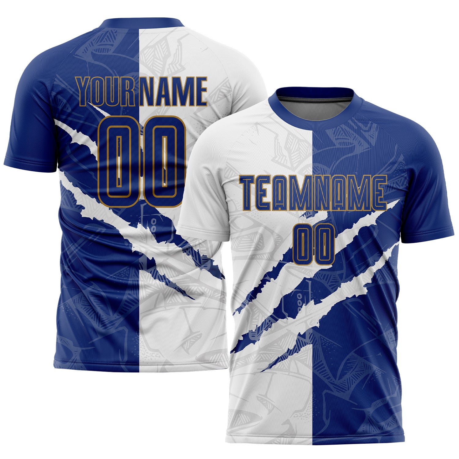 Custom Graffiti Pattern Soccer Jersey - Royal White & Old Gold Sublimation Uniform Custom Graffiti Pattern Royal White-Old