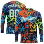 Custom Graffiti Pattern 3D Long Sleeve Performance T-Shirt - White Aqua Geometric Design Custom Graffiti Pattern White-Aqua