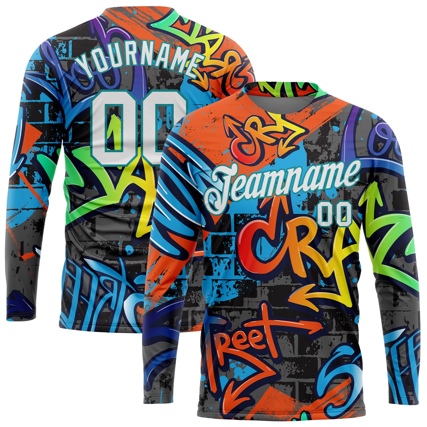 Custom Graffiti Pattern 3D Long Sleeve Performance T-Shirt - White Aqua Geometric Design Custom Graffiti Pattern White-Aqua