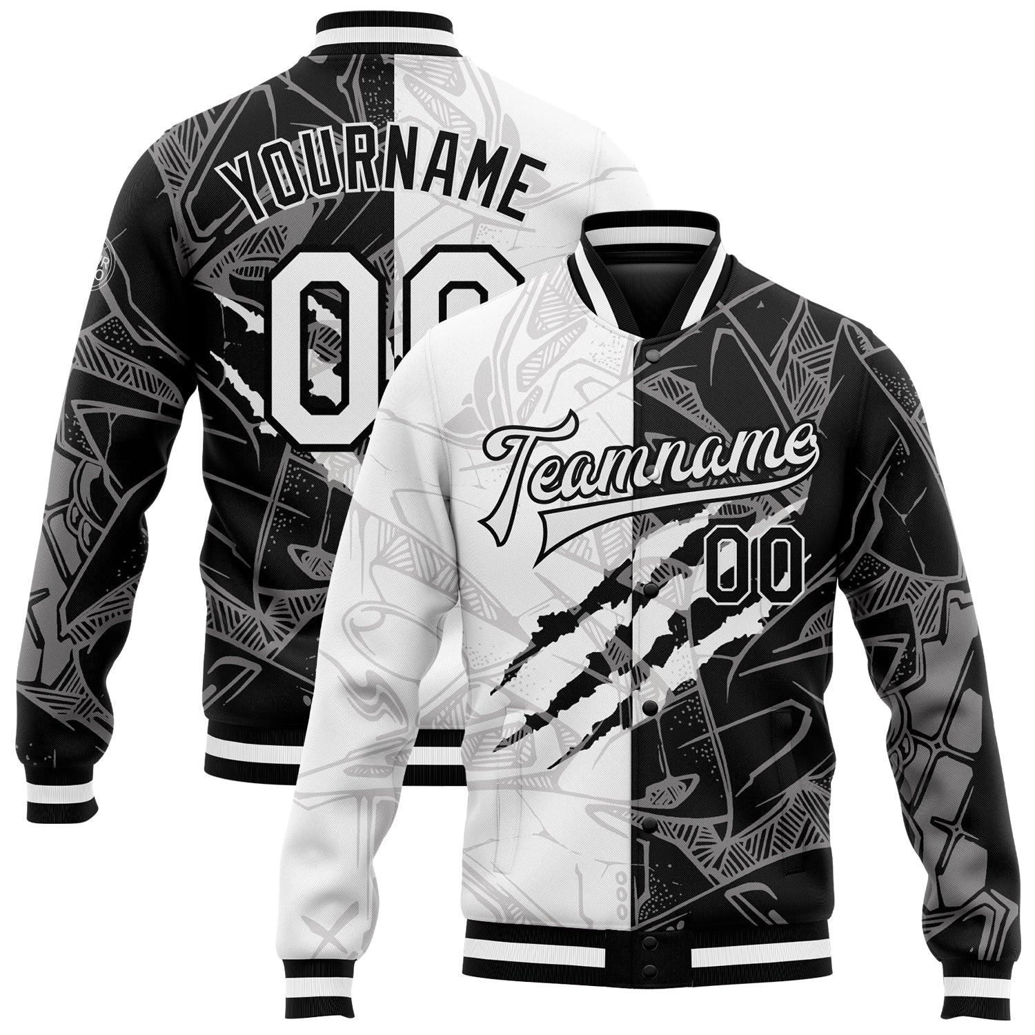 Custom Graffiti Pattern White Black 3D Bomber Varsity Letterman Jacket Custom Graffiti Pattern White-Black Scratch 3D Bomber