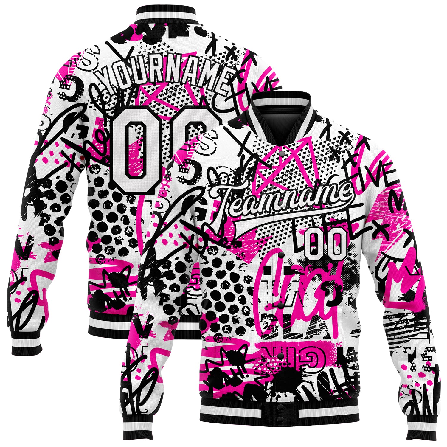 Custom Graffiti Pattern White-Black Scratch 3D Bomber Full-Snap Varsity Letterman Jacket Style 6925 Custom Graffiti Pattern Jacket 3D Bomber Full Snap Varsity Letterman Style Black White 6925 Custom Graffiti Pattern White-Black