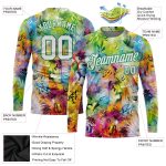 Custom Graffiti Pattern Long Sleeve Performance T-Shirt in White and Kelly Green Custom Graffiti Pattern White-Kelly Green