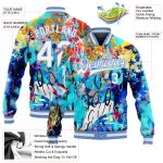 Custom Graffiti Pattern 3D Bomber Varsity Jacket - White & Light Blue Full-Snap Letterman Coat Custom Graffiti Pattern White-Light