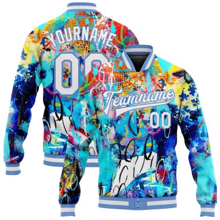 Custom Graffiti Pattern 3D Bomber Varsity Jacket - White & Light Blue Full-Snap Letterman Coat Custom Graffiti Pattern White-Light