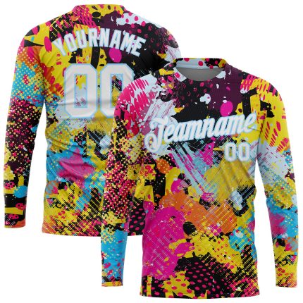 Custom Graffiti Pattern Long Sleeve Performance T-Shirt - Bright White Light Blue Psychedelic 3D Design Custom Graffiti Pattern