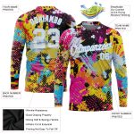 Custom Graffiti Pattern Long Sleeve Performance T-Shirt - Bright White Light Blue Psychedelic 3D Design Custom Graffiti Pattern