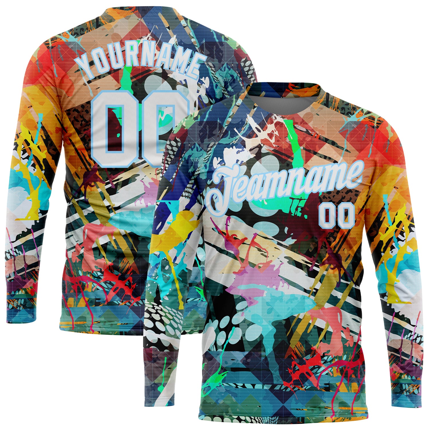 Custom Graffiti Pattern 3D Abstract Long Sleeve Performance T-Shirt in White and Light Blue Custom Graffiti Pattern White-Light
