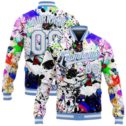 Custom Graffiti Pattern Bomber Jacket with Light Blue Splashes 3D Full-Snap Varsity Letterman Jacket Custom Graffiti Pattern