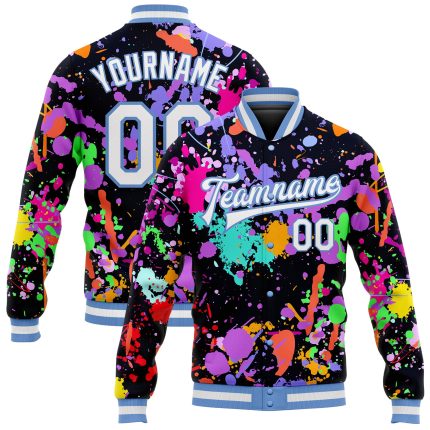 Custom Graffiti Pattern Bomber Jacket with White-Light Blue Splashes, 3D Full-Snap Varsity Style 5324 Custom Graffiti Pattern