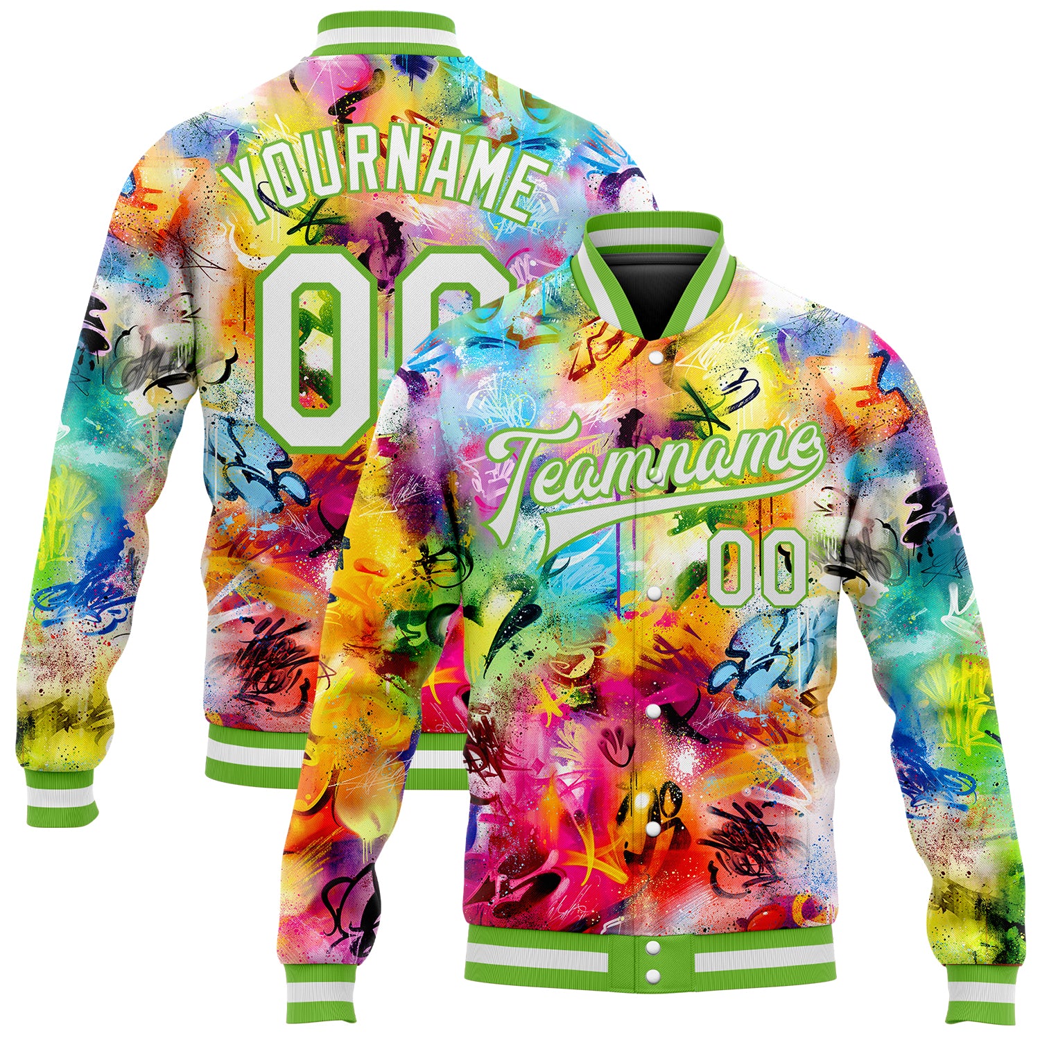 Custom Graffiti 3D Bomber Jacket in White-Neon Green, Full-Snap Varsity Letterman Style Custom Graffiti Pattern White-Neon