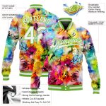 Custom Graffiti 3D Bomber Jacket in White-Neon Green, Full-Snap Varsity Letterman Style Custom Graffiti Pattern White-Neon