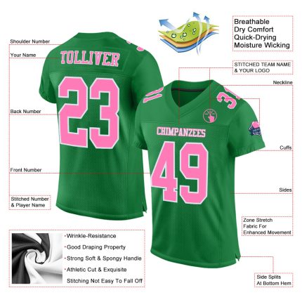 Custom Grass Green Football Jersey Pink-White Mesh Authentic Design Custom Grass Green Pink-White Mesh Authentic Football