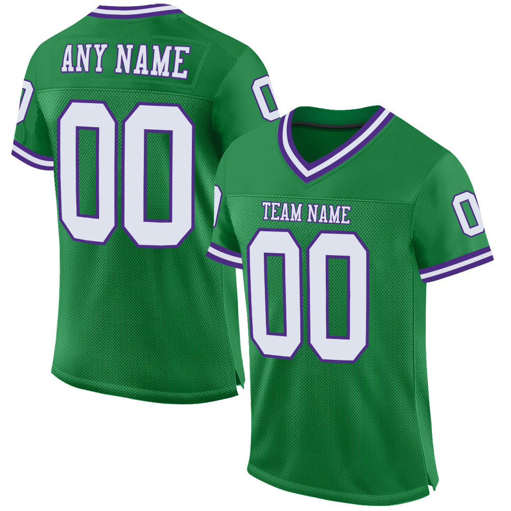 Custom Football Jersey - Authentic Mesh in Grass Green, White, and Purple, Vintage Throwback Design Custom Grass Green White-Purple