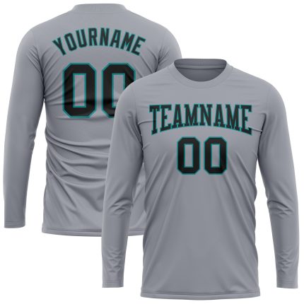 Performance T-Shirt for Men, Custom Gray Black-Aqua Long Sleeve Top Custom Gray Black-Aqua Long Sleeve Performance T-Shirt