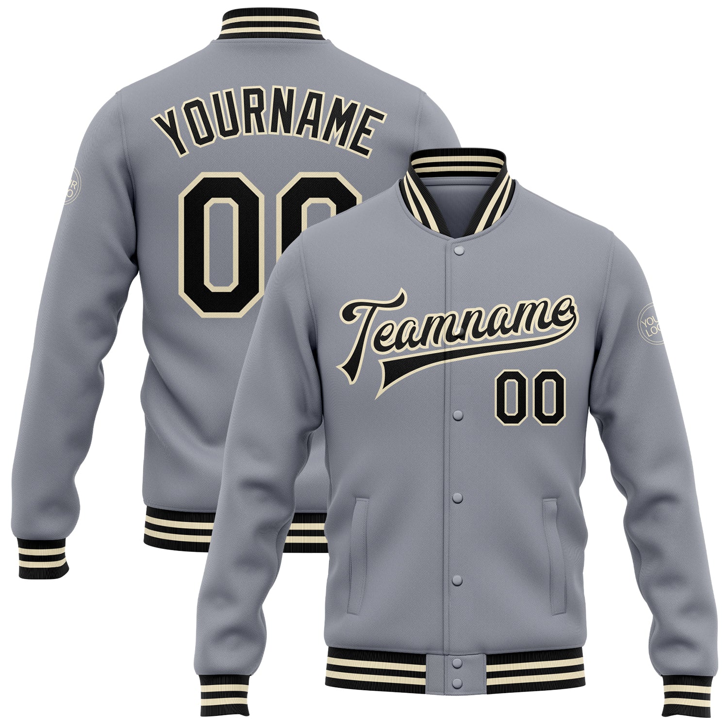 Custom Gray Black-Cream Bomber Full-Snap Varsity Letterman Jacket Custom Gray Black Cream Varsity Letterman Jacket Full-Snap Bomber for Men Custom Gray Black-Cream Bomber Full-Snap Varsity