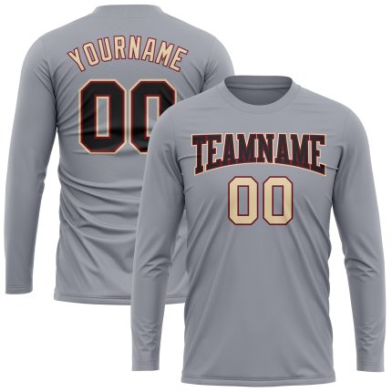 Custom Gray Black Crimson Cream Performance Long Sleeve T-Shirt Custom Gray Black Crimson-Cream Long Sleeve Performance T-Shirt