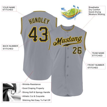 Custom Gray Black Gold Sleeveless Baseball Jersey - Authentic Athletic Apparel Custom Gray Black-Gold Authentic Sleeveless