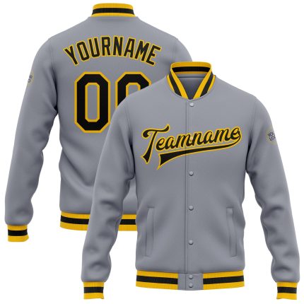 Custom Gray Black Gold Bomber Varsity Letterman Jacket Full-Snap Design Custom Gray Black-Gold Bomber Full-Snap Varsity Letterman