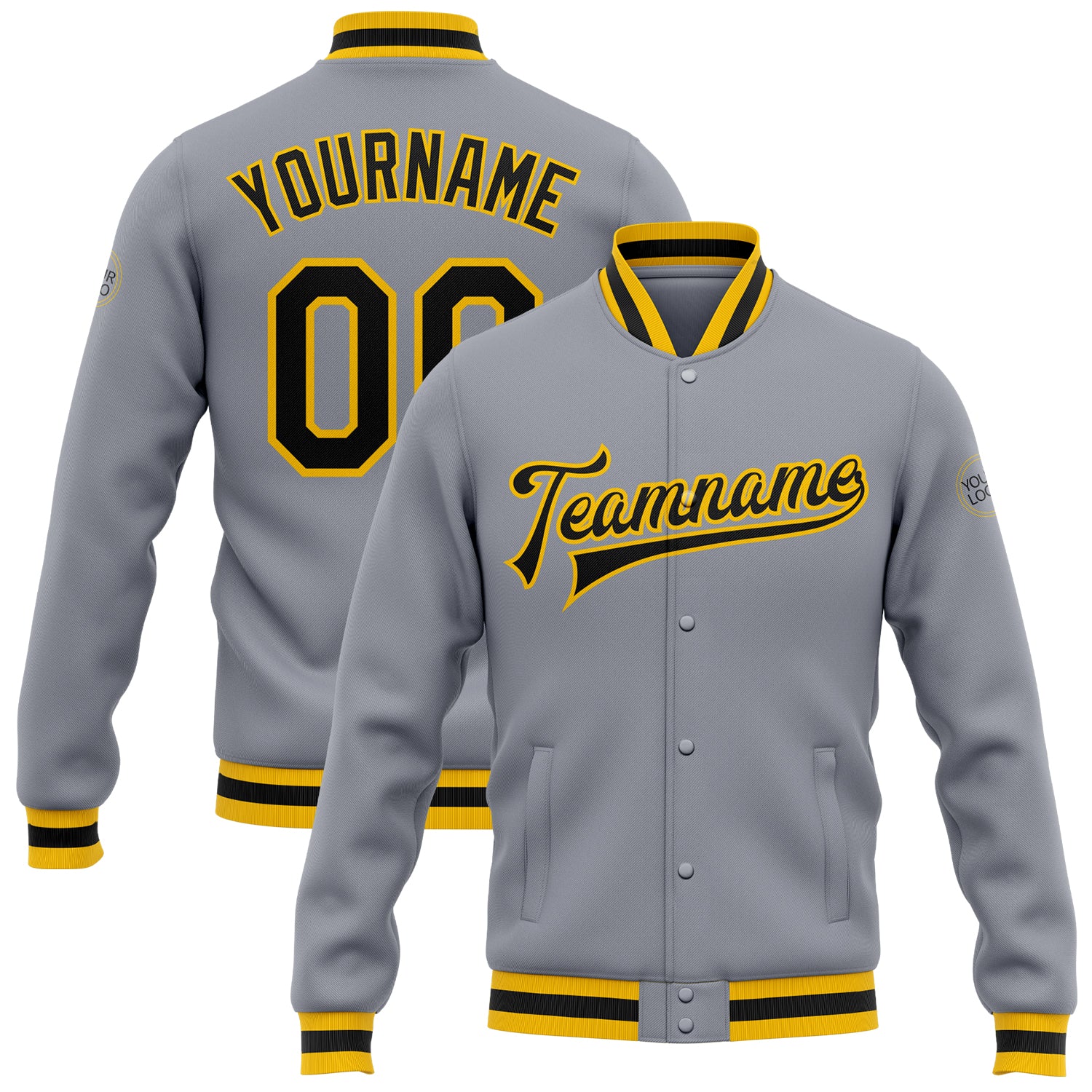 Custom Gray Black Gold Bomber Varsity Letterman Jacket Full-Snap Design Custom Gray Black-Gold Bomber Full-Snap Varsity Letterman