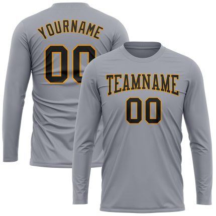 Custom Performance T-Shirt for Men in Gray, Black, and Gold - Long Sleeve Activewear Top Custom Gray Black-Gold Long Sleeve