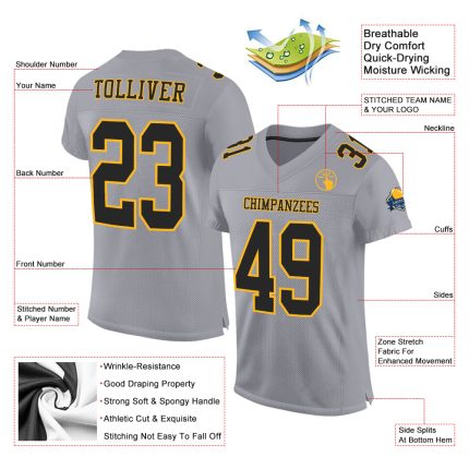 Custom Gray Black Gold Football Jersey - Authentic Mesh Design Custom Gray Black-Gold Mesh Authentic Football Jersey