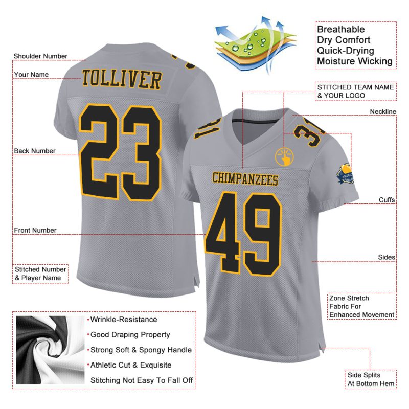 Custom Gray Black Gold Football Jersey - Authentic Mesh Design Custom Gray Black-Gold Mesh Authentic Football Jersey