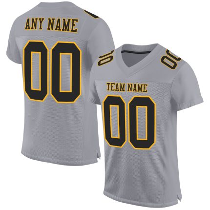 Custom Gray Black Gold Football Jersey - Authentic Mesh Design Custom Gray Black-Gold Mesh Authentic Football Jersey