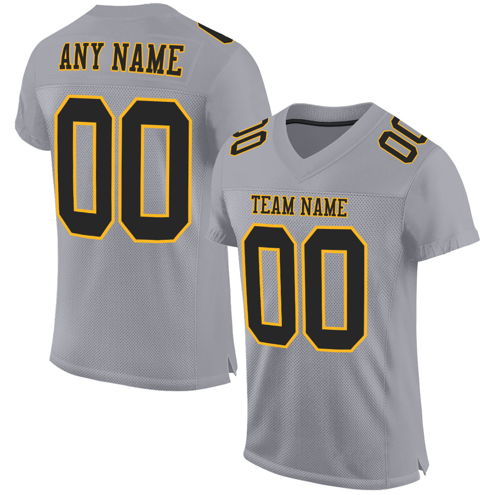 Custom Gray Black Gold Football Jersey - Authentic Mesh Design Custom Gray Black-Gold Mesh Authentic Football Jersey