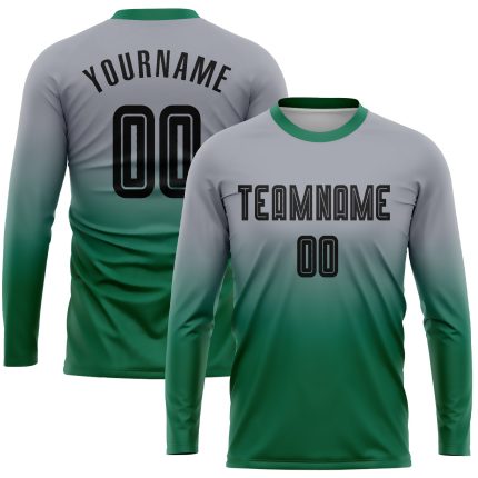 Custom Soccer Uniform Jersey - Gray Black Kelly Green Sublimation Long Sleeve Fade Fashion Custom Gray Black-Kelly Green
