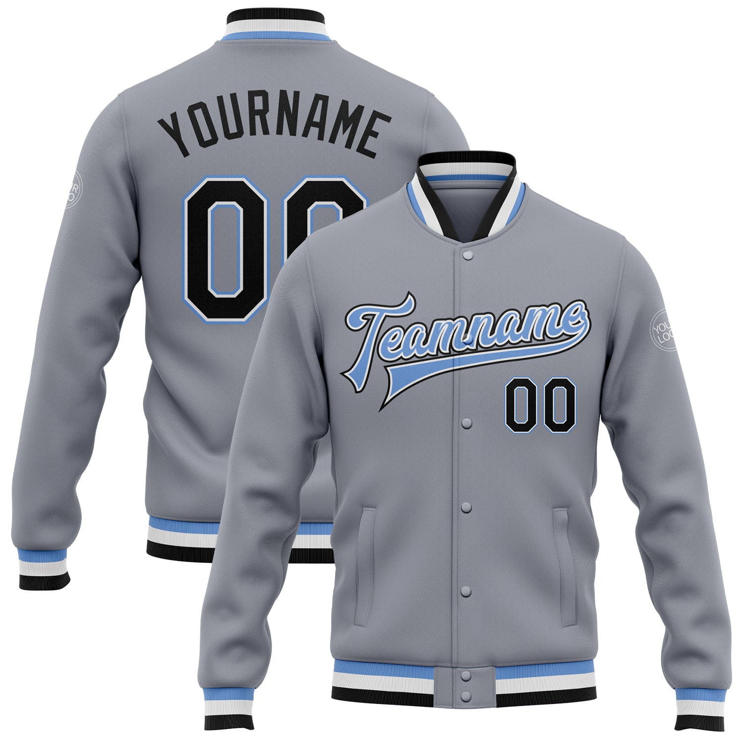 Gray Black-Light Blue Bomber Full-Snap Varsity Jacket for Men and Women - Custom Letterman Style Custom Gray Black-Light