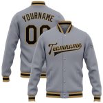 Custom Gray Black Old Gold Varsity Letterman Bomber Full-Snap Jacket Custom Gray Black-Old Gold Bomber Full-Snap Varsity