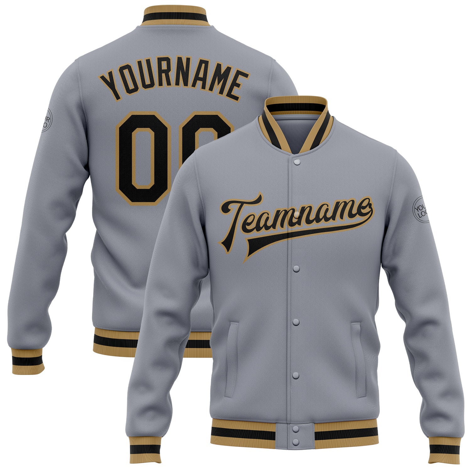 Custom Gray Black Old Gold Varsity Letterman Bomber Full-Snap Jacket Custom Gray Black-Old Gold Bomber Full-Snap Varsity