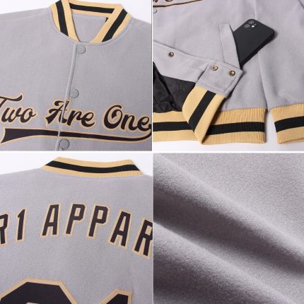 Custom Gray Black Old Gold Varsity Letterman Bomber Full-Snap Jacket Custom Gray Black-Old Gold Bomber Full-Snap Varsity