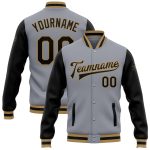 Custom Bomber Jacket Gray Black Old Gold Two Tone Full Snap Varsity Letterman Custom Gray Black-Old Gold Bomber Full-Snap