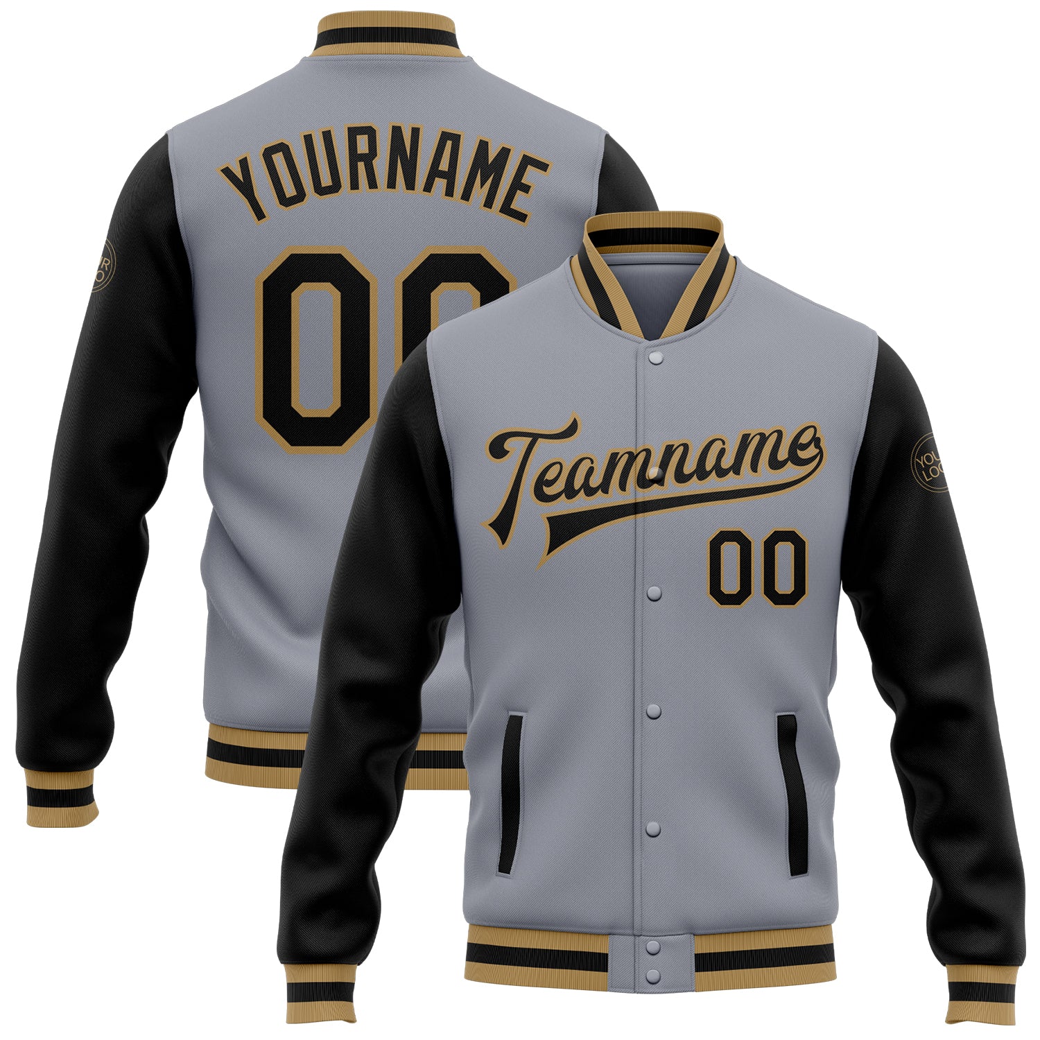 Custom Bomber Jacket Gray Black Old Gold Two Tone Full Snap Varsity Letterman Custom Gray Black-Old Gold Bomber Full-Snap
