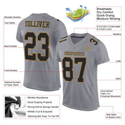 Custom Gray Black Old Gold Mesh Football Jersey - Authentic Sports Apparel Custom Gray Black-Old Gold Mesh Authentic Football