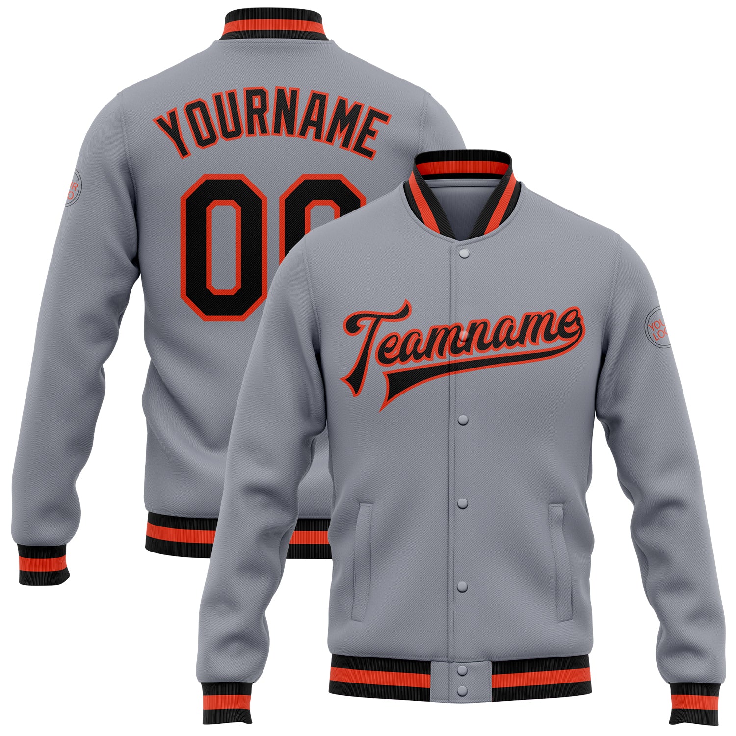 Gray Black Orange Custom Full-Snap Varsity Letterman Bomber Jacket Custom Gray Black-Orange Bomber Full-Snap Varsity Letterman