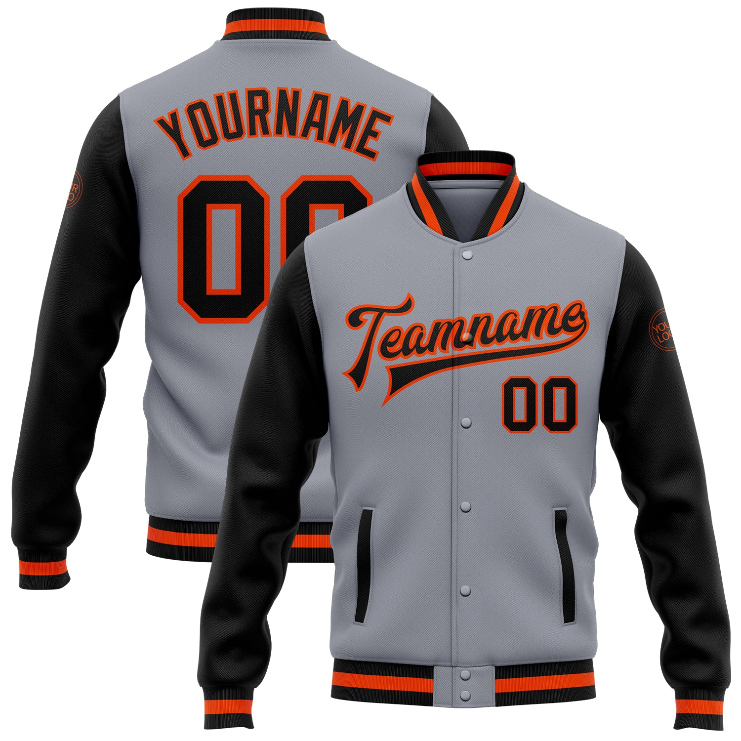Gray Black Orange Custom Bomber Jacket Full-Snap Varsity Letterman Two Tone Custom Gray Black-Orange Bomber Full-Snap Varsity