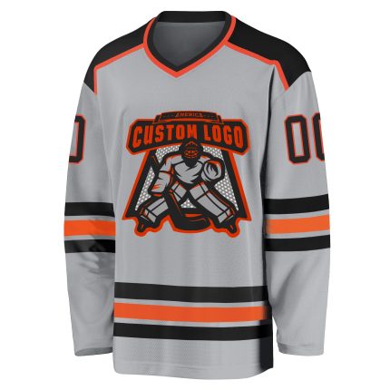 Custom gray, black and orange hockey jersey, back view