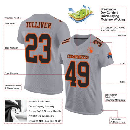 Custom Football Jersey Gray Black Orange Mesh Authentic Design Custom Gray Black-Orange Mesh Authentic Football Jersey