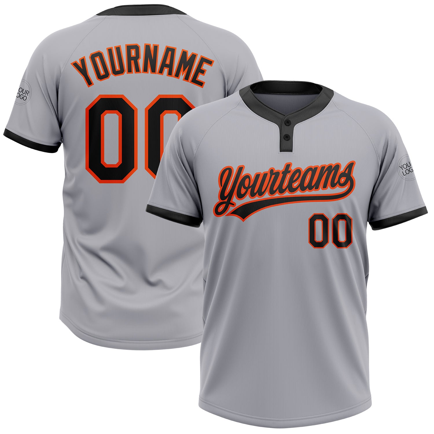 Custom Gray Black-Orange Two-Button Unisex Softball Jersey for Men and Women Custom Gray Black-Orange Two-Button Unisex Softball