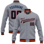 Custom Gray Black Bomber Jacket Full-Snap Varsity Letterman in Powder Blue and Orange Custom Gray Black Powder Blue-Orange
