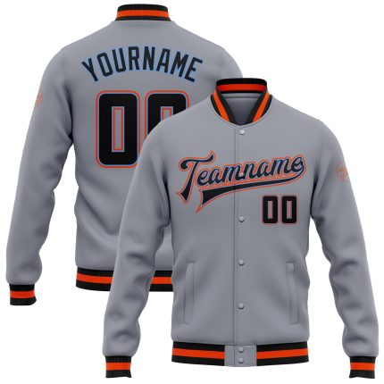 Custom Gray Black Bomber Jacket Full-Snap Varsity Letterman in Powder Blue and Orange Custom Gray Black Powder Blue-Orange
