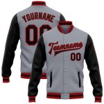 Gray Black Red Bomber Jacket Custom Full-Snap Varsity Letterman Two Tone Custom Gray Black-Red Bomber Full-Snap Varsity Letterman