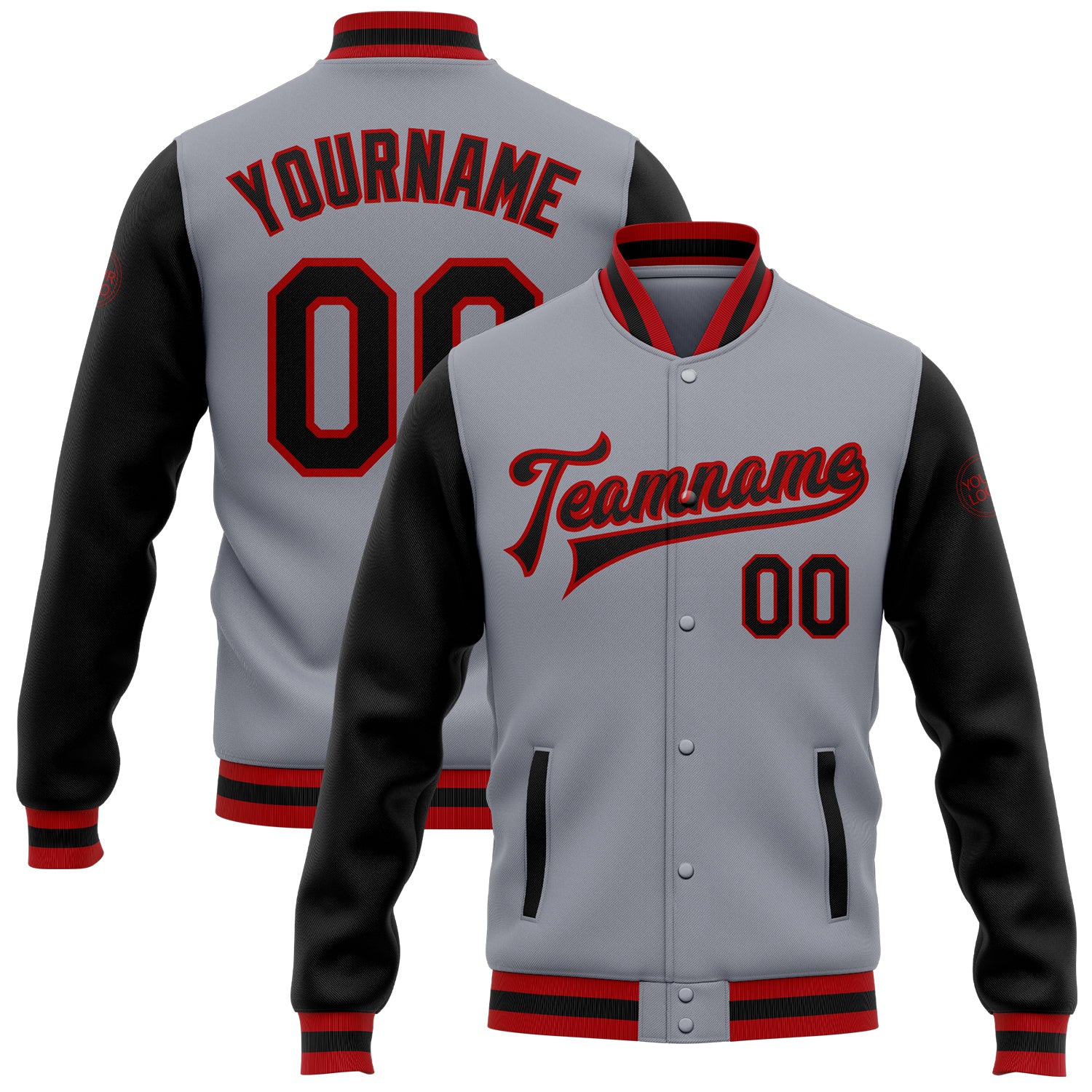 Gray Black Red Bomber Jacket Custom Full-Snap Varsity Letterman Two Tone Custom Gray Black-Red Bomber Full-Snap Varsity Letterman