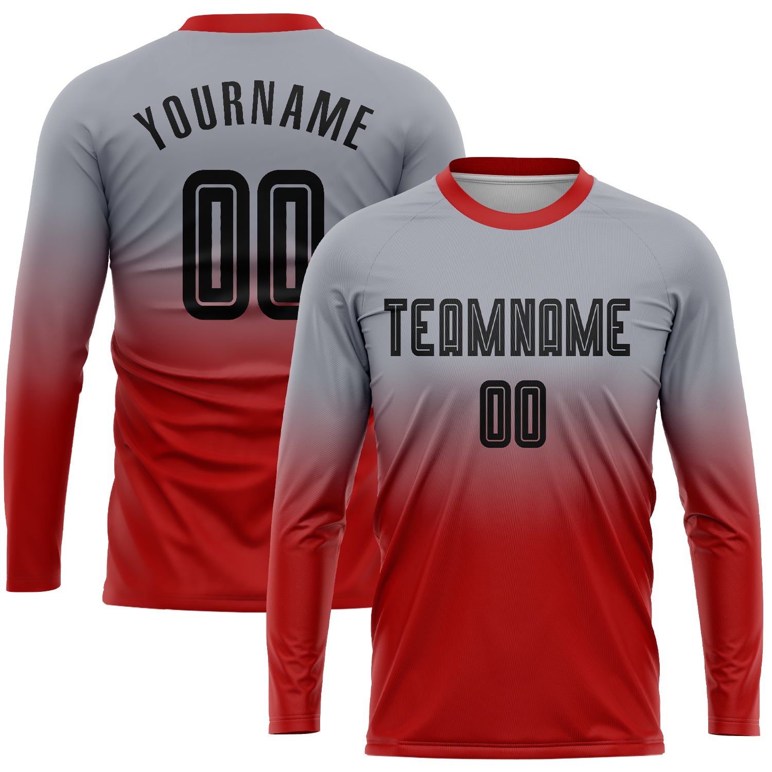 Custom Gray Black-Red Sublimation Long Sleeve Fade Fashion Soccer Uniform Jersey Custom Gray Black Red Soccer Jersey Long Sleeve Fade Fashion Uniform Custom Gray Black-Red Sublimation Long Sleeve Fade Fashion