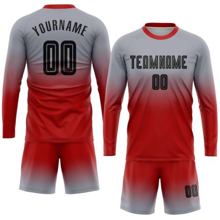 Custom Gray Black Red Soccer Jersey Long Sleeve Fade Fashion Uniform Custom Gray Black-Red Sublimation Long Sleeve Fade Fashion
