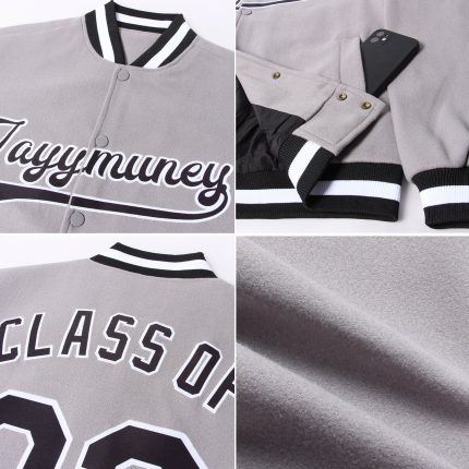 Custom Gray Black White Bomber Varsity Jacket Full-Snap Letterman Coat Custom Gray Black-White Bomber Full-Snap Varsity Letterman