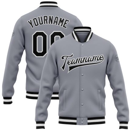 Custom Gray Black White Bomber Varsity Jacket Full-Snap Letterman Coat Custom Gray Black-White Bomber Full-Snap Varsity Letterman