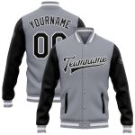 Custom Two Tone Gray Black White Varsity Letterman Bomber Jacket Full-Snap Custom Gray Black-White Bomber Full-Snap Varsity